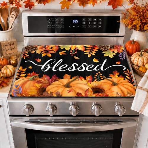 Image of Blessed Stove Top Cover for Electric Stove, Fall Pumpkins Range Covers, Thanksgiving Kitchen Range Top Mats, Fall Leaves Glass Cooktop Covers 28x20 inch, Vintage Cooktop Cover for Kitchen Home Decor