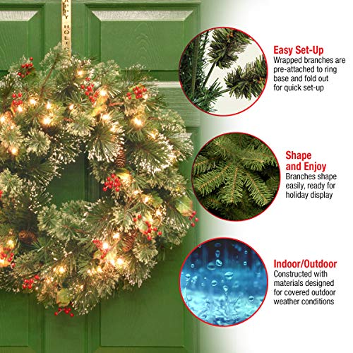 National Tree Company Pre-Lit Artificial Christmas Wreath, Green, Crestwood Spruce, White Lights, Decorated With Pine Cones, Berry Clusters, Frosted Branches, Christmas Collection, 24 Inches #TOP3