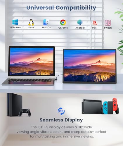 Image of Synnov Portable Monitor, 16 inch 1200P FHD Laptop Screen Extender, 360 Rotating Detachable Stand, Plug&Play Travel Monitor for Laptop, Ultra-Slim & Zero-Frame Dual Screen for Win /Mac /Android
