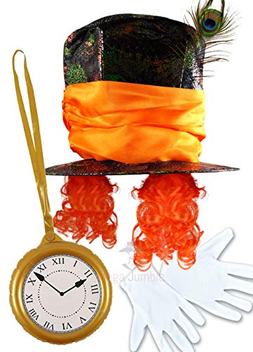 Mega_JumbleSale Adult Mad Hatter Costume Accessories Set Alice in Wonderland Dress Up Set ~ Mad Hatter Hat with Orange Hairs, White Gloves & Inflatable Jumbo Clock | Halloween, Theme Tea Party