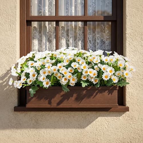 Image of HyeFlora Artificial Mums for Outdoors Fall Decor, 6 Bundles Fake Flowers UV Resistant Realistic Faux Flowers Bouquet Silk Flowers for Outside Planter Porch Patio Garden Yard Balcony Home, White