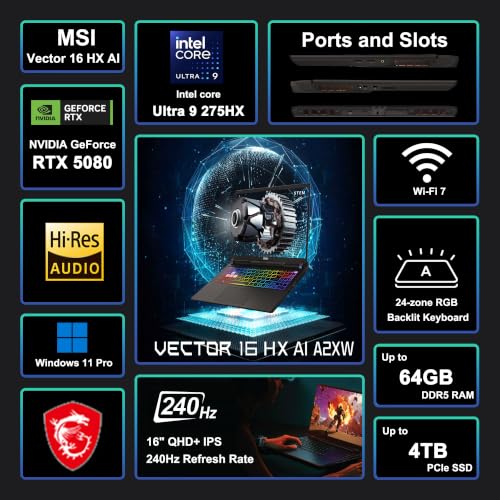 Image of MSI Vector 16 HX AI Gaming Laptop 16 inch QHD+ (2560x1600) 240Hz 100% DCI-P3 Intel 24-core Ultra 9 275HX (>i9-14900HX) 32GB RAM 1TB SSD GeForce RTX 5080 16GB (Up 1334 AI TOPS) RGB Backlit Win11Pro ICP Hub