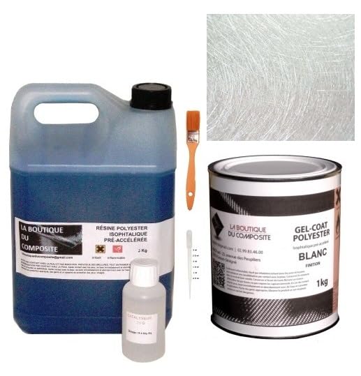 Kit Complet DIY Résine Polyester Marine - 1kg Gel Coat Blanc, 2kg Résine Polyester, 2m² Mat 300g, 60g Catalyseur, Pipette et Pinceau
