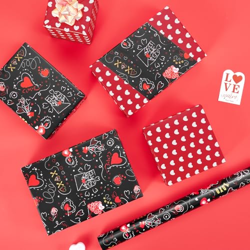 Papier cadeau Saint-Valentin cœurs rouge noir 43,2cm x 10,1m anti-déchirure pour grand colis