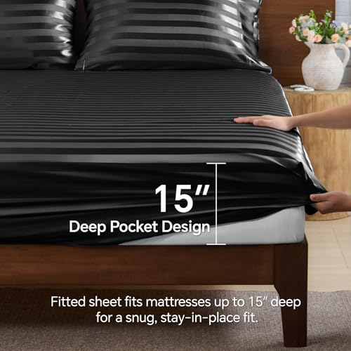 BEDELITE Jacquard Striped Satin Sheet Queen Size, Black, 4 Pieces - image 6