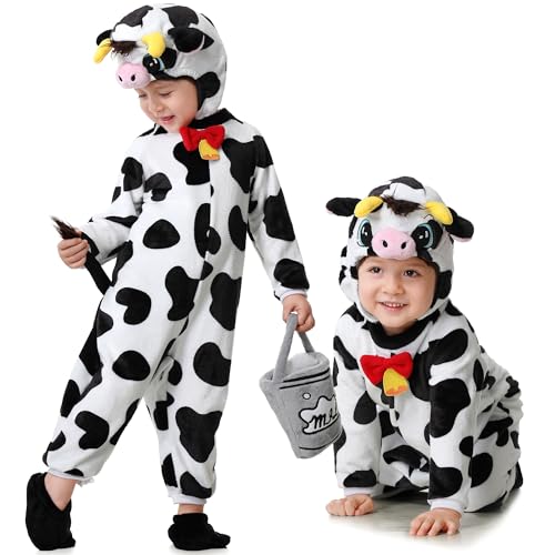 KUKIKUKI Halloween Baby Costumes Lion Toddler Outfit Infants Cow Cosplay Plush Romper Set with Gloves Footwear Coiffure Dress Up Party (COW, 90)