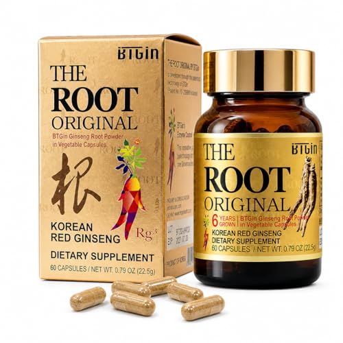 BTGIN The Root Original Korean Red Panax Ginseng Supplement - 100% Whole Fine Root Powder with Natural Fiber & Minerals - Caffeine Free Stamina Wellness & Immunity Support - 60 Capsules