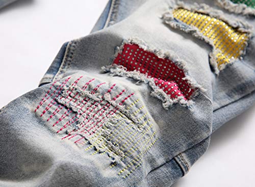 Liuhond Men's Ripped Straight Holes Patch Stretchy Slim Blue Jeans (32, 1617Blue) #TOP3