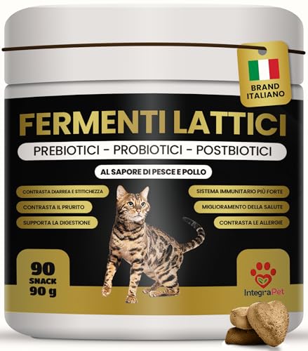 Integrapet Fermenti Lattici Gatto, Probiotici, Vitamine per Gatti, Intestino Iirritabile, Diarrea Gatti, Pelo lucido, 90 Snack Naturali, Brand Italiano