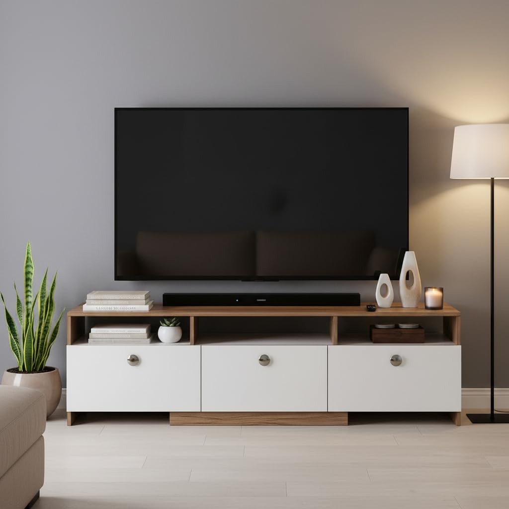 FURNEASER Mansor Engineering Wood Floor TV Cabinet/Entertainment Unit/Set Top Box Stand/TV Table with Storage & Display Shelves (Exotic Teak & White) for 65 Inch TV Screen-image-24