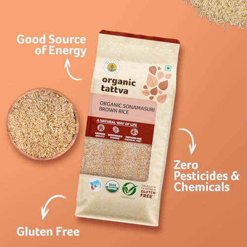 Image of Organic Tattva, Organic Gluten Free Sonamasuri Brown Unpolished Rice - 1Kg | All Natural, Quality Health Food, Enriched with Dietary Fibers & Nutrients
