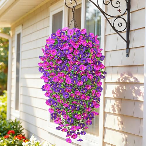 TOCHGREEN Artificial Fake Hanging Flowers Plants for Outdoor Decoration 4PCS Faux Silk Morning Glory Flowers UV Resistant Hanging Plants for Home Porch Patio Garden Decor (Purple F image 5