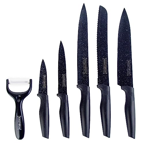 Lalene By RoyaltyLine - Cuchillo de cocina (6 piezas, con revestimiento antiadherente, cuchillo de cocina, cuchillo de pico, cuchillo de pan, cuchillo de cocina en diseño de carbono (negro)