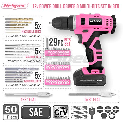 Hi-Spec 50Pc Pink 12V Electric Battery Drill Driver Kit & Bit Set For Women. Cordless Portable Power For Ladies In A Tool Box #TOP1