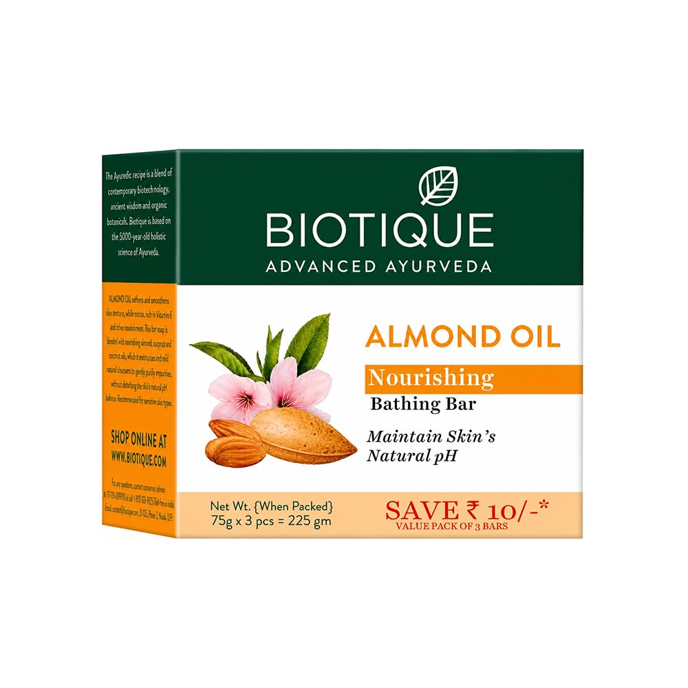 Biotique Almond Oil Nourishing Bathing Bar| Ayurvedic and Organically Pure| Maintains Skin’s Natural pH |100% Botanical Extracts| Suitable for All Skin Types | Pack of 3, 225 g (3 x 75 g)-image-23