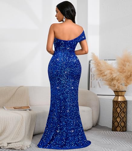 Image of Cololura Women Sexy Sequin One Shoulder Mermaid Formal Party Cocktail Gowns Bodycon Evening Maxi Dress