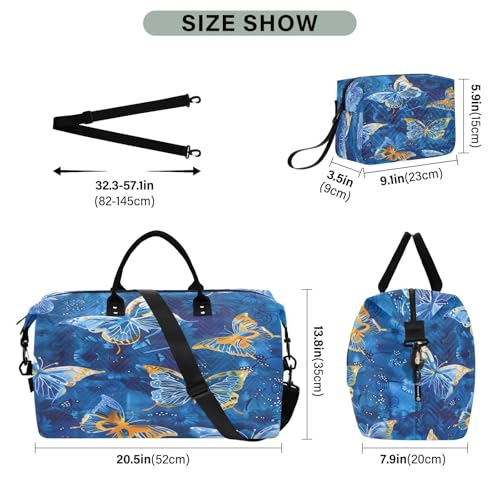 Butterfly Painting Blue Large Travel Duffle Bag Weekender Overnight Bags Gym Yoga Bag for Women Men with Toiletry Bag3
