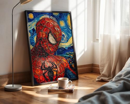 Image of Waltractive Bamboo SpidermanXStarry Night Wall Art Framed Poster Portrait-Perfect Wall Decor For Fans For Bedroom,Kids Room And Dorm Decoration-Available In 33X23 And 48X33 CM (13X9 And 19X13 Inch)