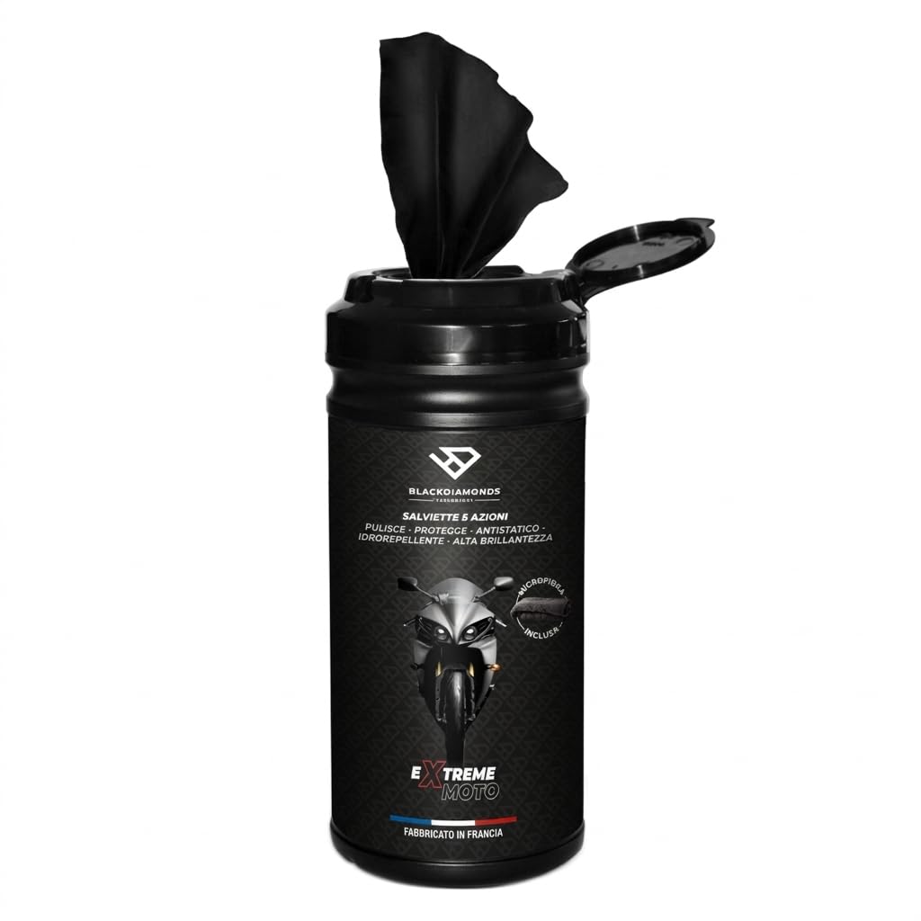 BlackDiamonds - Salviette Detergenti Per Moto - 5 Azioni - Puliscono, Proteggono, Antistatiche, Idrorepellenti E Massima Lucentezza - Biodegradabile - Senza Acqua Né Risciacquo - 80 Salviette