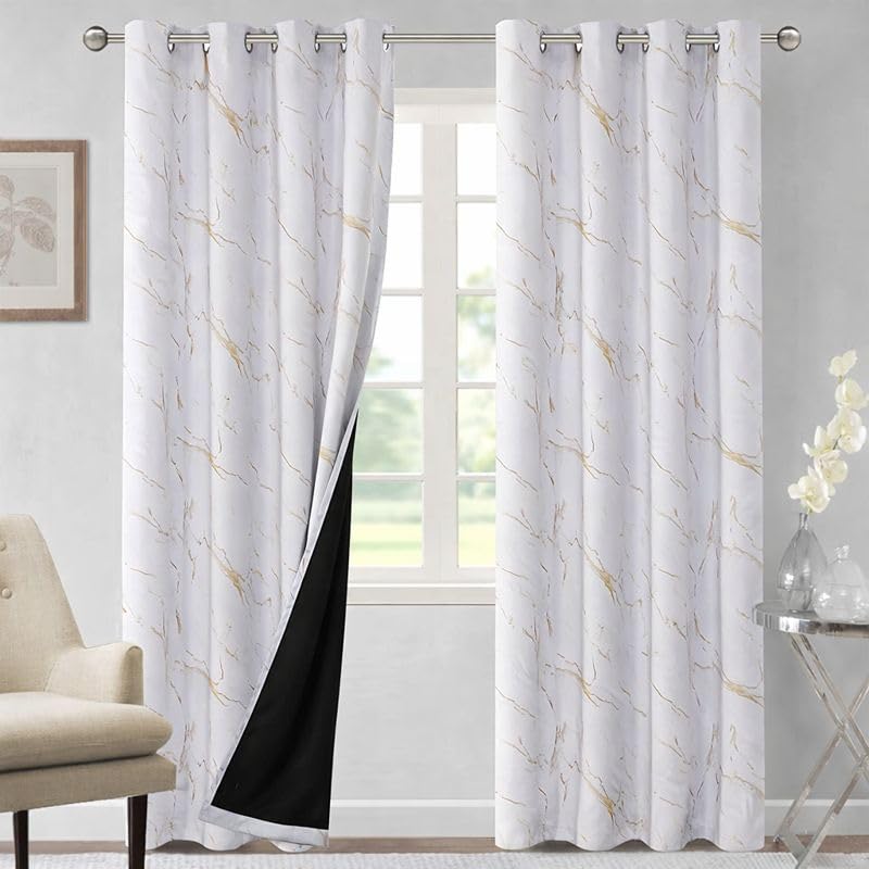 Image of BFAM Marble Print 100% Blackout Curtain with Black Linning at Back,Golden Marble Print Curtains for Living Room /Bedroom Thermal Insulated Energey Saving 11 Feet Pack of 1 Curtain