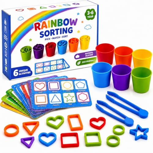 Image of Silicone Rainbow Shape Sorting Game for Kids, Montessori Learning Toy, Color & Shape Matching, Counting, Sequencing, Fine Motor Skills Activity, Preschool Gift For Kids Girls, Ages 3-6
