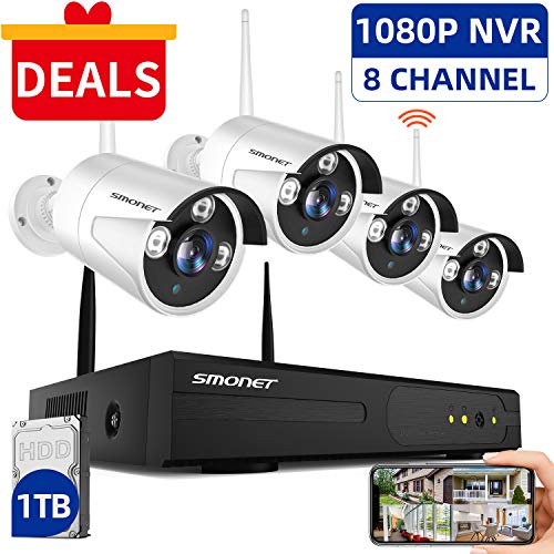 SMONET Wireless Security Camera System,1080P 8 Channel Video Security System(1TB Hard Drive),4pcs 960P