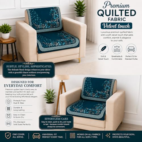Image of Homerz 'Brooklyn Series' Premium Sofa Cover | Quilted Floral Design | Non-Slip Washable Sofa Protector | Soft Anti Slip Fabric (Teal, 1 Seater, Seat Cover with Backrest)