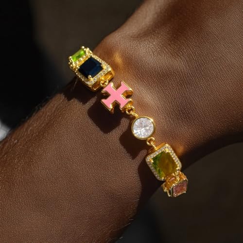 HELLOICE 10mm Multicolored Enamel Cross Bracelet Chunky 5A CZ Enamel Bracelet Hypoallergenic Statement Brecelet Jewelry for Women Men4