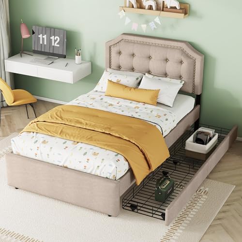 TIZZ Cama plana, tapizada con remaches decorativos, cama acolchada, cajones dobles, 90 x 200 cm (beige oscuro)