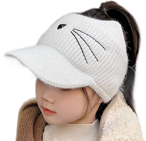 Ponytail Knitted Beanie for Kids - Visor Warm Winter-Hat Messy Bun Sport Hat for Little Girls (for Ages 2-7)