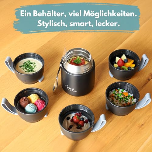 Image of Milu Insulated Food Boxes 450ml I 650ml I 800ml, Insulated Hot Meal Box, Double Layer Stainless Steel Folding Spoon for School, Office (800ml /Black)
