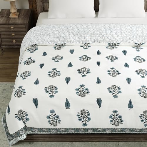 Image of BLOCKS OF INDIA Hand Block Printed Cotton King Size Quilt /Rajai (90 inch X 108 inch) (Grey Rose)