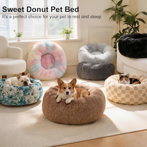 Image of Dog Calming Beds for Medium Large Dogs Round Donut Washable Anxiety Dog Bed | Anti-Slip Faux Fur Fluffy Donut Cuddle Anxiety Large Dog Bed Up to 65 Lbs(32 inch Colorful)