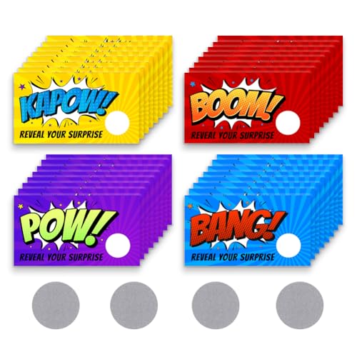 PLIGREAT 120 tarjetas para rascar en estilo cómic, 4 colores, para manualidades, tarjetas de regalo, tarjetas para rascar, tarjetas de cupones para pequeñas empresas, bodas, fiestas sorpresa