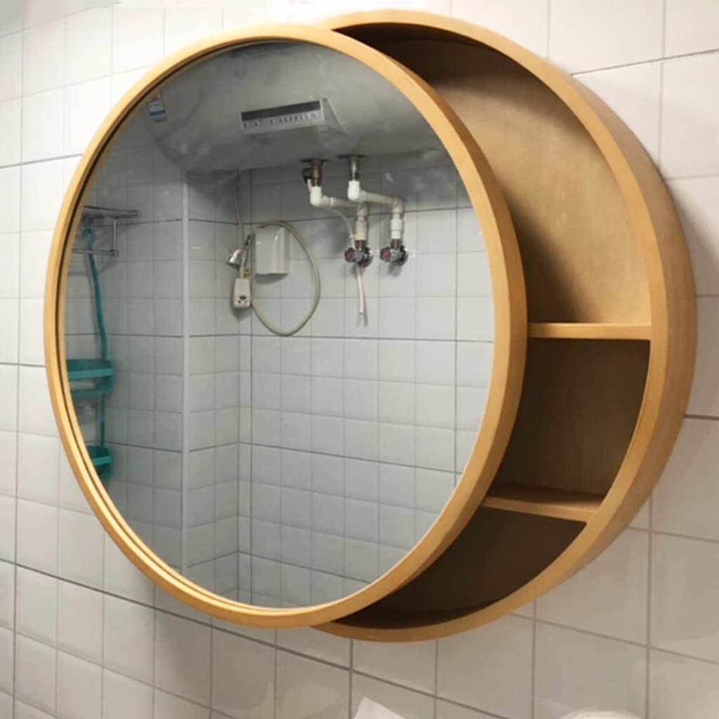 Specchio rotondo da bagno in legno da 50 cm, con ripiano portaoggetti, armadietto da parete in legno massello impermeabile, elegante accessorio decorativo per la casa per bagni moderni