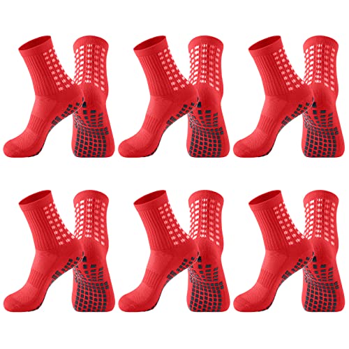 Elfcool Men's Grip Socks Soccer, 6 Pairs Of Non Slip Soccer Socks, Men's Athletic Anti Slip Crew Socks For Football, Basketball, Hockey (Red) #TOP11