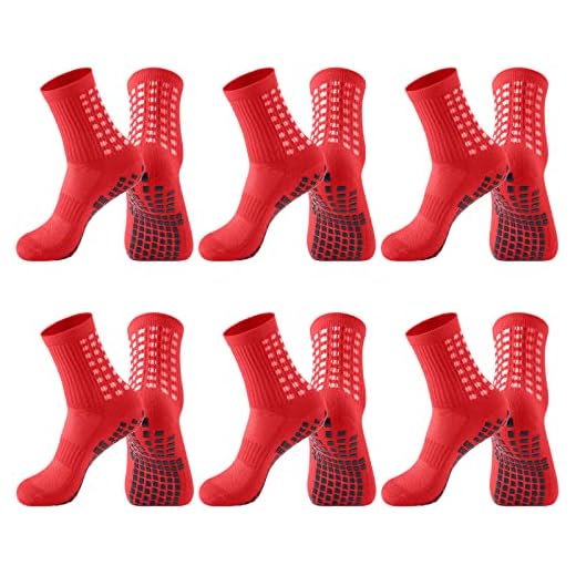 Elfcool Men's Grip Socks Soccer, 6 Pairs of Non Slip Soccer Socks, Men's Athletic Anti Slip Crew Socks for Football, Basketball, Hockey (Red)