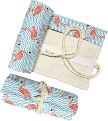 Image of Canvas Pencil Wrap Case, 72 Holes Colored Pencil Roll Holder Storage Pouch for Office (72 Holes, Blue-Pink)
