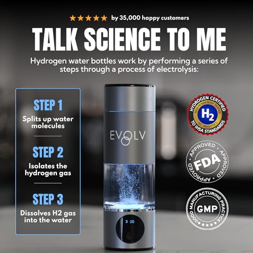 EVOLV Hydrogen Water Bottle Generator – SPE & PEM Water Ionizer 5.4PPM, Highest H2 Concentration – Portable 8oz Hydrogenated Water Bottle – Leak-Proof Hydrogen Water Machine, Easy to Use – Carbon