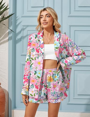 Image of SHESHOW Satin Pajama Set for Women Button Down Long Sleeve Top and Shorts Loungewear Set Funny Print Sleepwear XS-XXL
