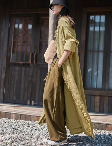 Ystylee Womens Cotton Linen Long Trench Coat Front Distressed Artistic Hippie Long Sleeve Maxi Outwear with Pocket4