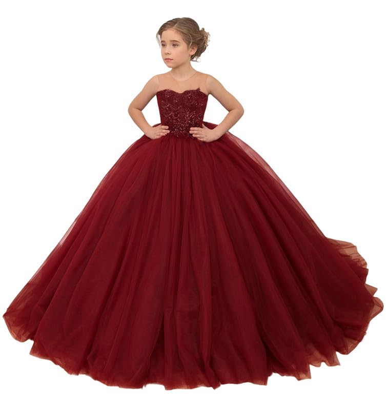 Girl's Tulle Flower Girl Dresses Sleeveless Beaded Appliques Princess Pageant Dress Kids Long Party Ball Gown