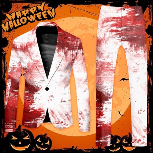 Celucke Halloween Anzug Herren Zweiteiliger Lustig Blutig Print Kostüm Set Lange Ärmel Mantel und Hose Herrenanzug Männer Slim Fit Stretch Sakko Knöpfen Taschen Anzughose Set für Party – Bild 3