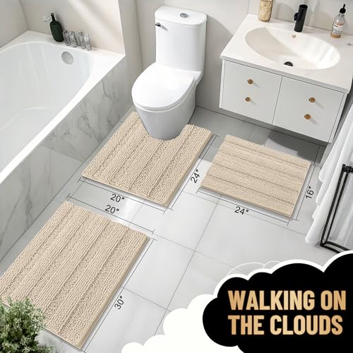 Image of OLANLY Thick Bathroom Runner Rugs 47x24, Extra Absorbent Chenille Striped Bath Rugs, Rubber Backing, Machine Wash Dry, Long Bath Mats for Bathroom Floor, Tub and Shower, Home Decor Accessories, Sand