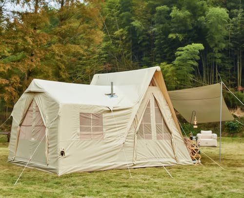 YOLENY 136 Sqft 8-10 People Inflatable Camping Tent with 4 Doors, Versatile Side Wall, Up to 8.7 Ft, 600D Oxford Cloth, AC Port, Stove Jack, Hand Pump, 4 Seasons