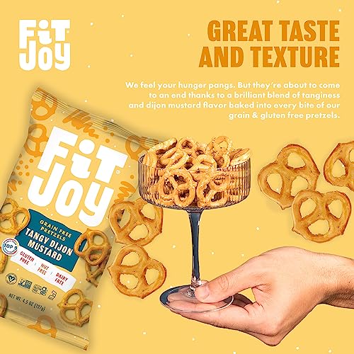 Image of FitJoy Tangy Dijon Mustard Pretzels (Pack of 6, 4.5 Oz) - Dairy, Nut & Gluten Free Snacks - Grain Free Cassava Root & Chickpea Flour Vegan Pretzel Twists - Tangy Snack Pretzels for Children & More