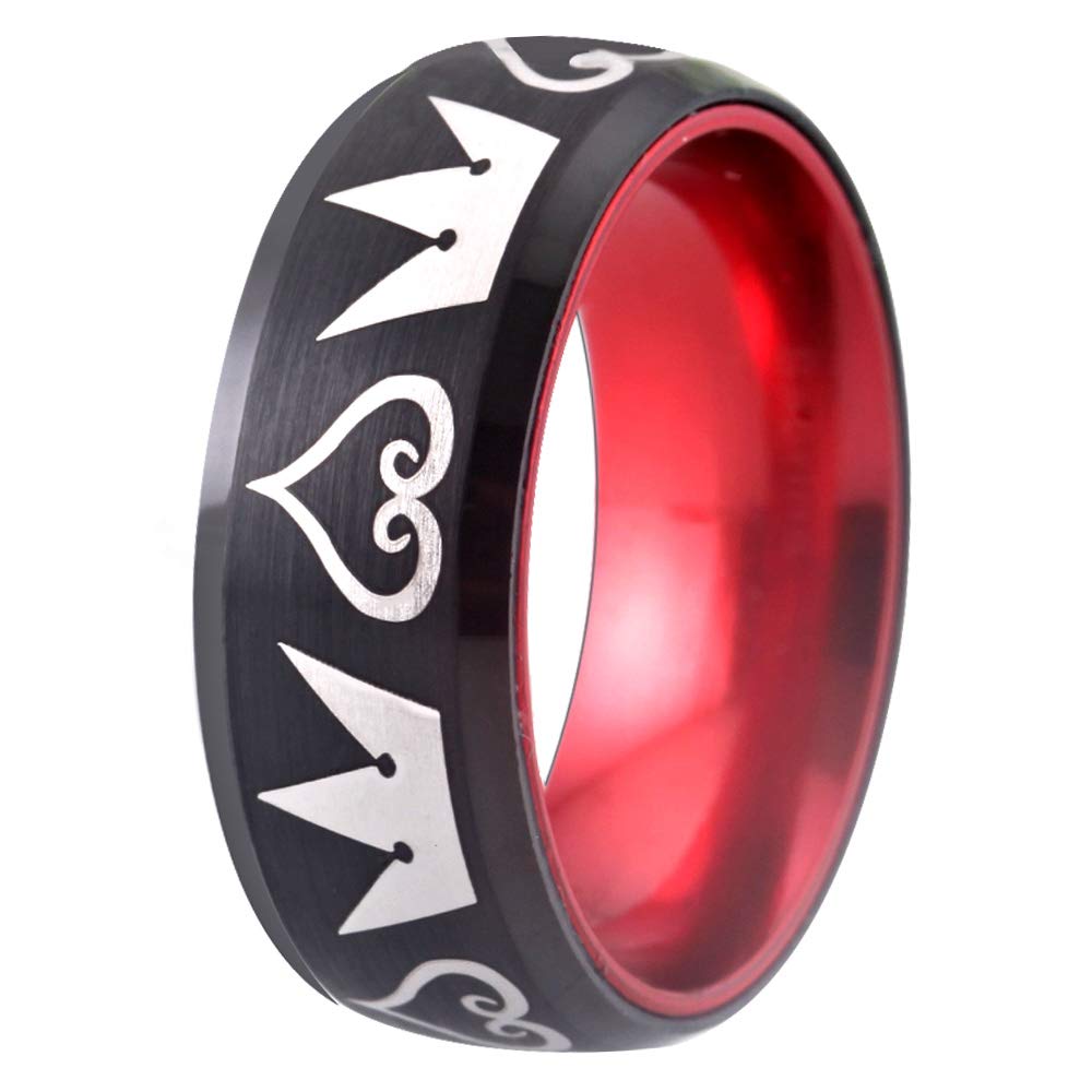 Cosplay Jewelry Hearts & Crowns Design Ring 8mm Width Red and Black Tungsten Ring Matte Finish Beveled Edges Wedding Band-Free Customized Engraving