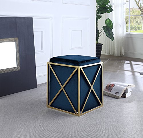 Iconic Home Vana Ottoman Brass Finished Stainless Steel X Frame Square Velvet Bench, Contemporary Modern, Navy Iconic Home Vana Ottoman Brass Finished Stainless Steel X Frame Square Velvet Bench, Contemporary Modern, Navy