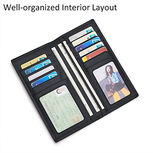 VANNANBA Full Grain Wallet for Men RFID Blocking Leather Checkbook Wallet,Slim Bifold Credit Card Holder with ID Window & Gift Box（Black2
