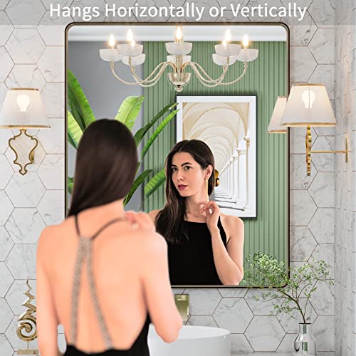 Loaao 30”X36” Bronze Bathroom Mirrors For Vanity, Rounded Rectangle Brushed Bronze Metal Frame Mirror, Anti-Rust, Tempered Glass, Hangs Horizontally Or Vertically #TOP1